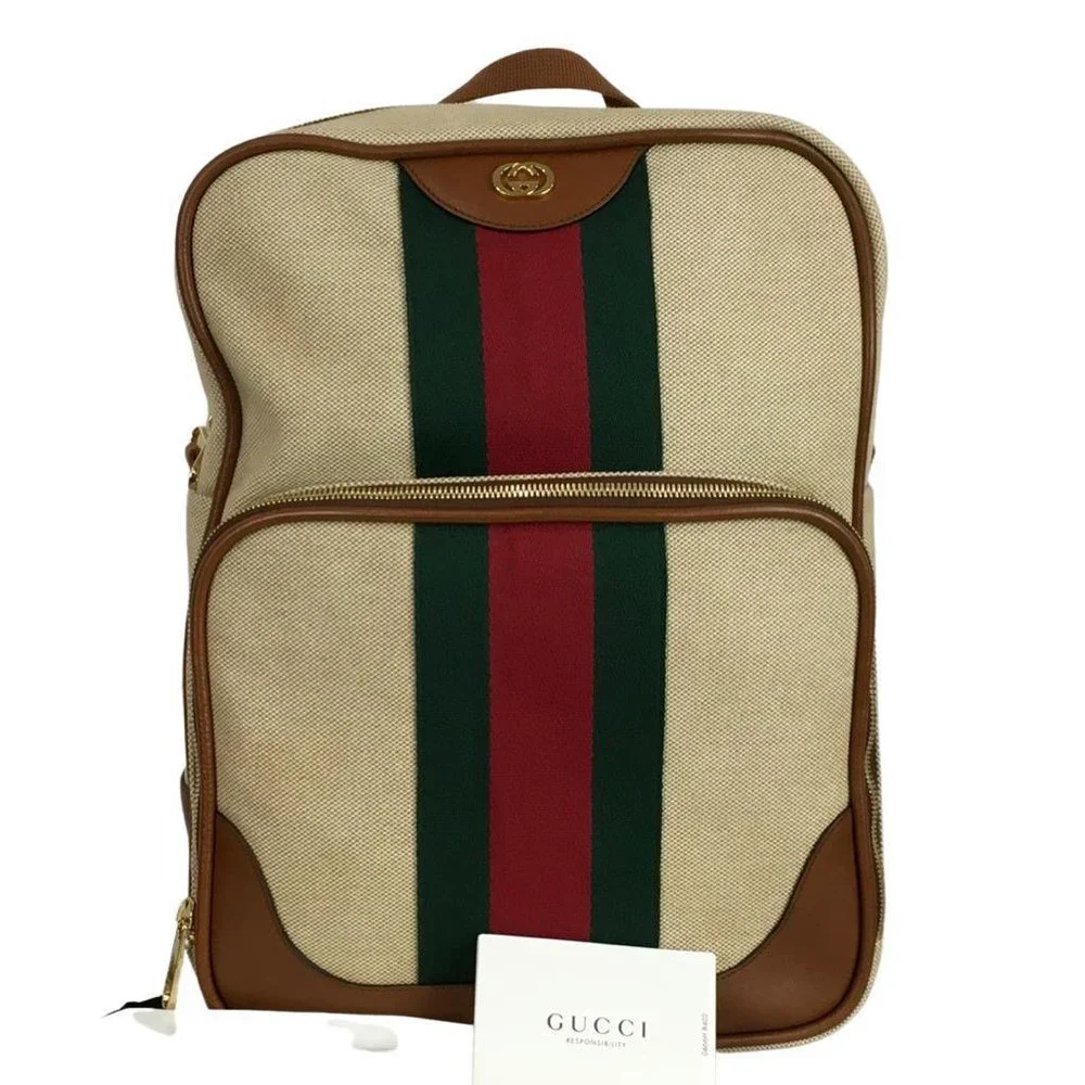 NWT Gucci Women's Backpack Stripes Green & Red Buckle GG Beige Multi Sz M - Picture 2 of 12